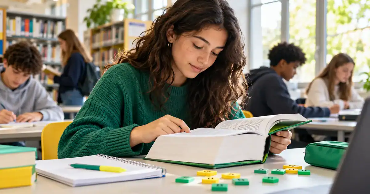 Une élève vérifie un mot dans un dictionnaire à côté de lettres colorées.