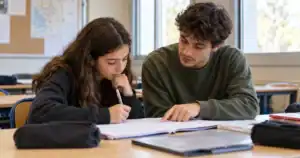 Un jeune adulte accompagne une collégienne qui cherche une réponse dans son cahier.