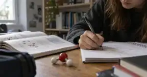 Une élève travaille la chimie avec un cahier et un modèle moléculaire